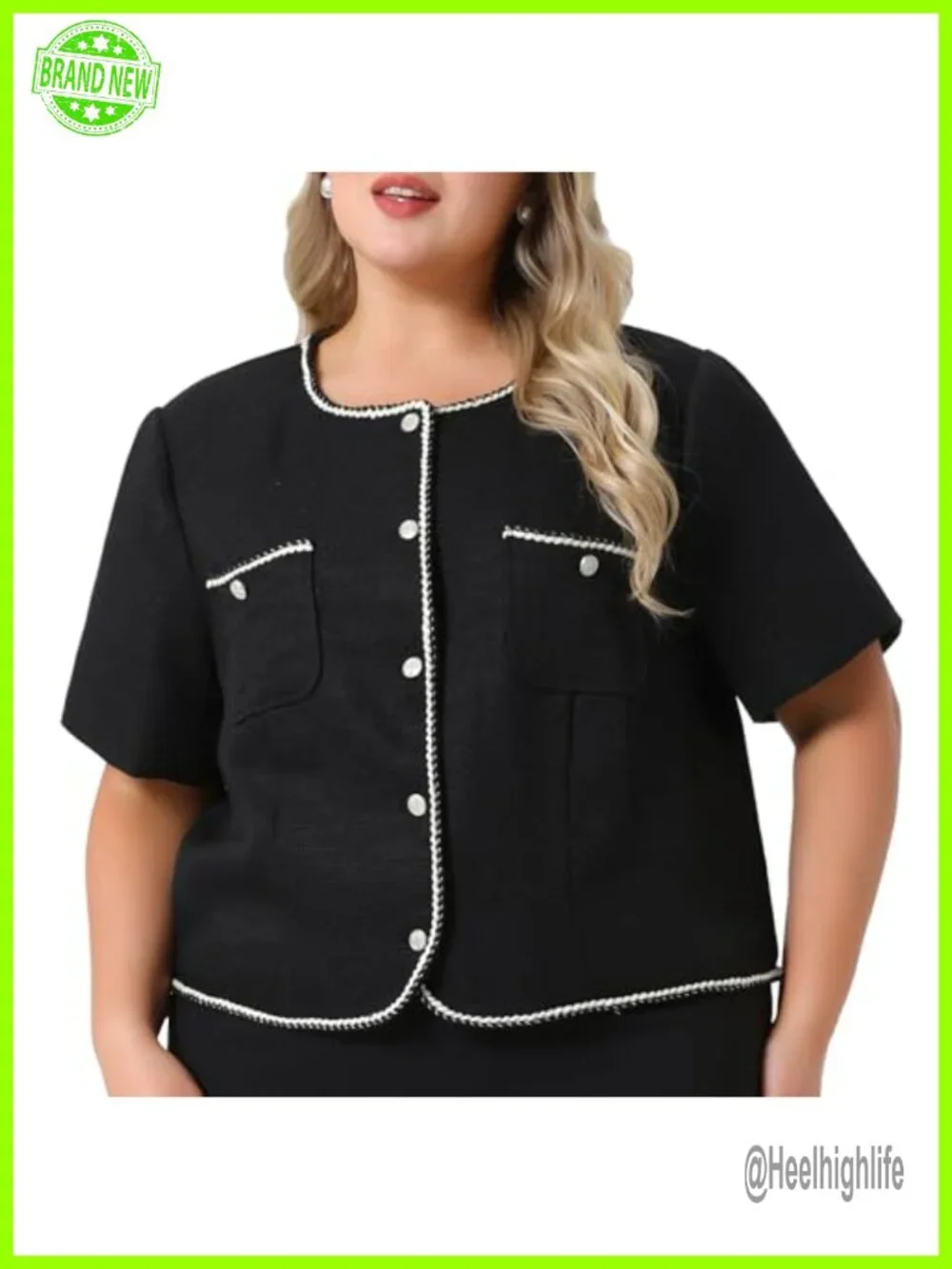 Plus Size Tweed Blazers for Women Collarless Short Sleeve Button Down Open